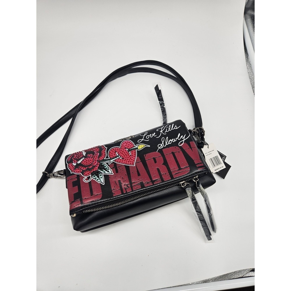 NWT Ed Hardy Love Kills Slowly Black Red Rhinestone Clutch Crossbody Bag